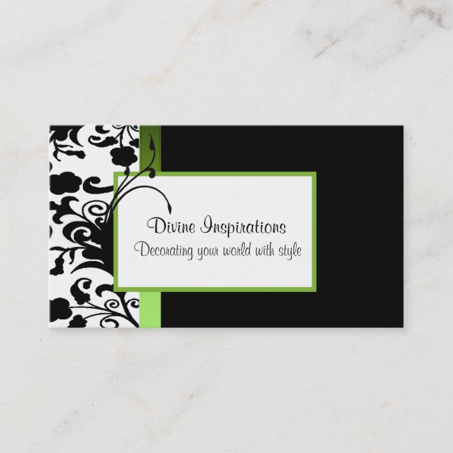 Black, White, and Green Damask Business Card (Front)