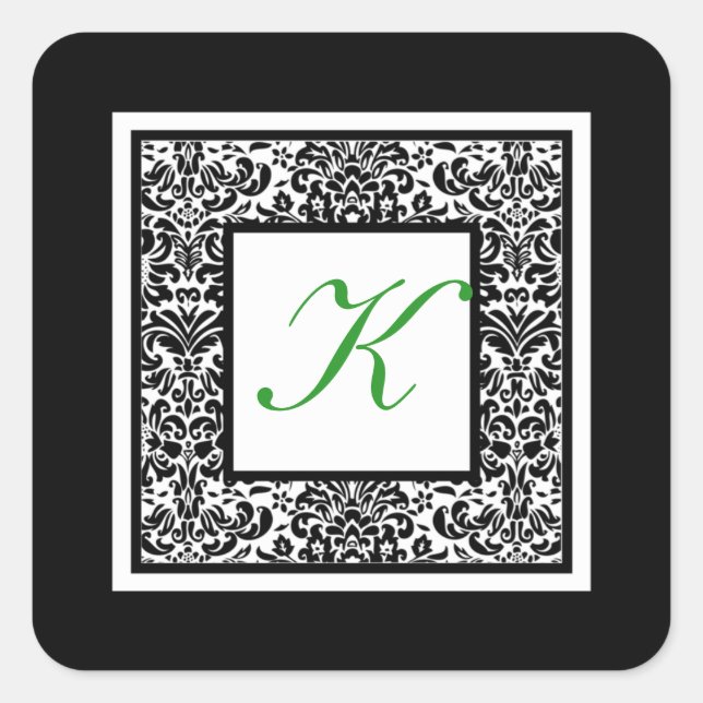 Black, White, and Green Damask Monogram Sticker (Front)