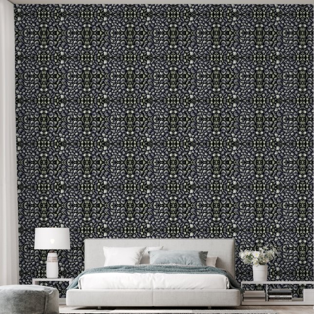 Black, White and Green Shell Forms Wallpaper (Bedroom)
