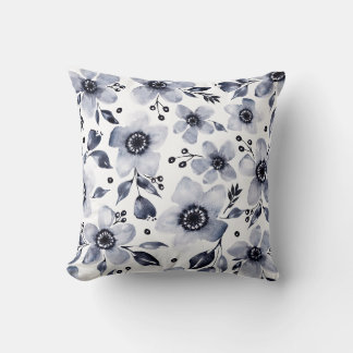 Black, White, and Grey Anemones Floral on White Throw Pillow