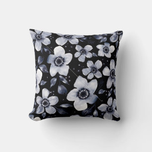 Black, White, and Grey Anemones Watercolor Floral Throw Pillow