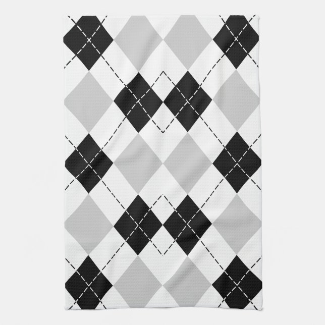 Black White and Grey Argyle Kitchen Towel (Vertical)
