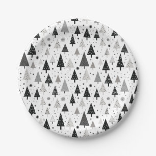 Black, White and Grey Christmas Tree Pattern Paper Plate