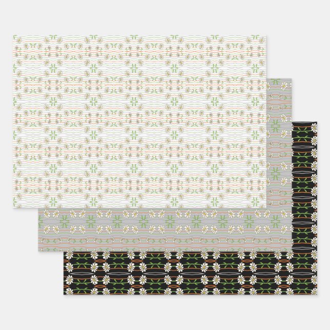 Black White And Grey Daisy Floral Patterned Wrapping Paper Sheet (Set)