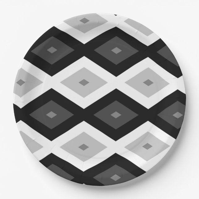 Black, white and grey diamond pattern paper plate (Front)