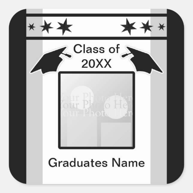 Black, White and Grey Graduation (photo frame) Square Sticker (Front)