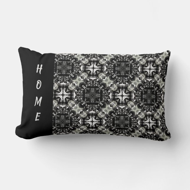 Black, White, and Grey Ruffled Mandalas Pattern Lumbar Pillow (Front)