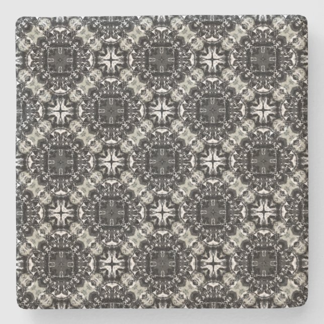 Black, White, and Grey Ruffled Mandalas Pattern Stone Coaster (Front)