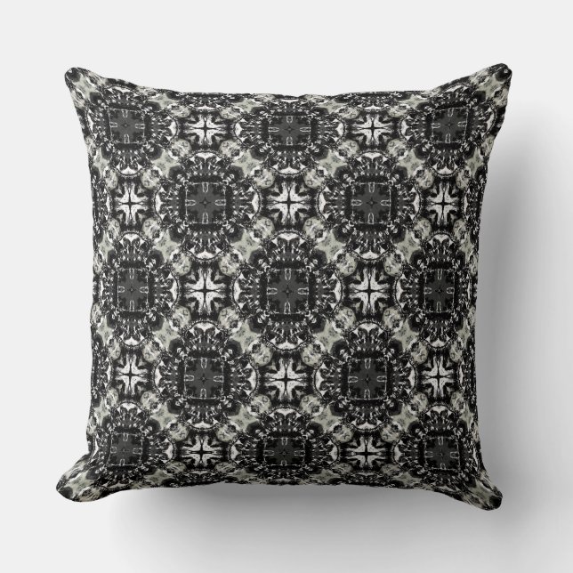 Black, White, and Grey Ruffled Mandalas Pattern Throw Pillow (Front)