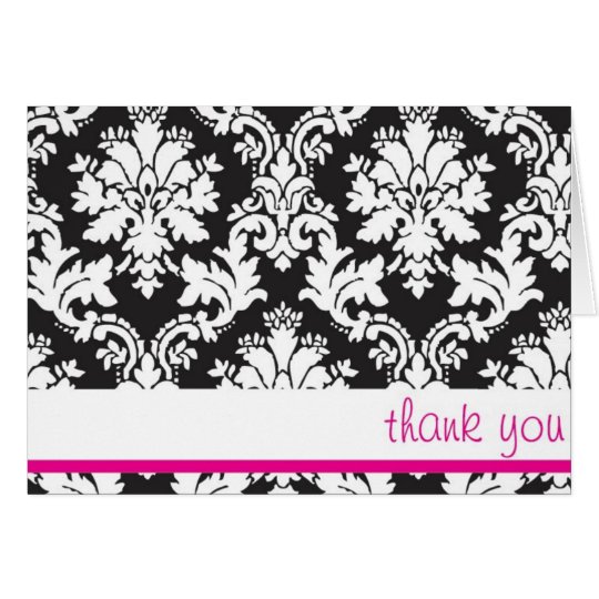 black white and hot pink damask thank you card