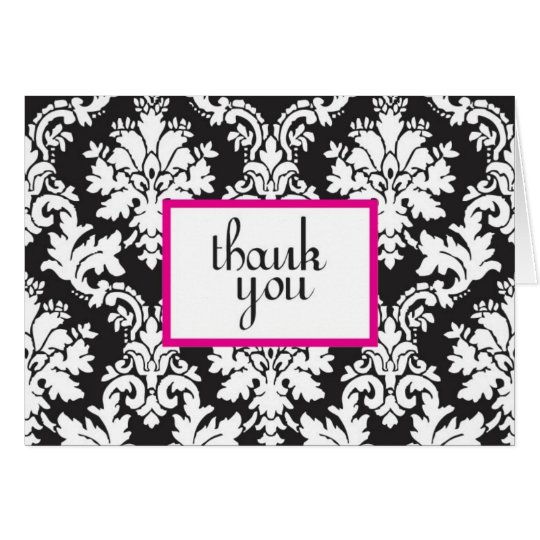 black white and hot pink damask thank you card 2