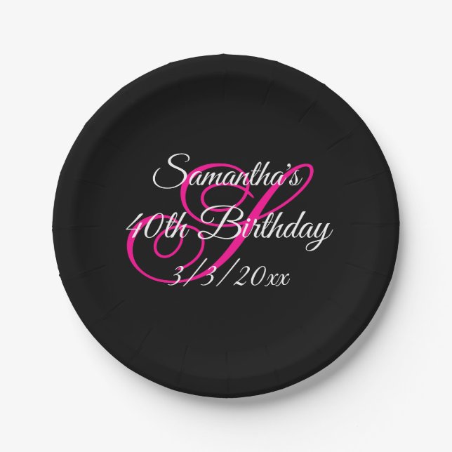 Black White and Hot Pink Fancy Monogram Birthday Paper Plate (Front)