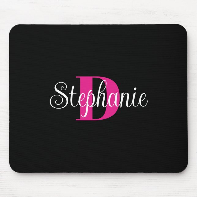 Black White and Hot Pink Girly Modern Monogram Mouse Pad (Front)