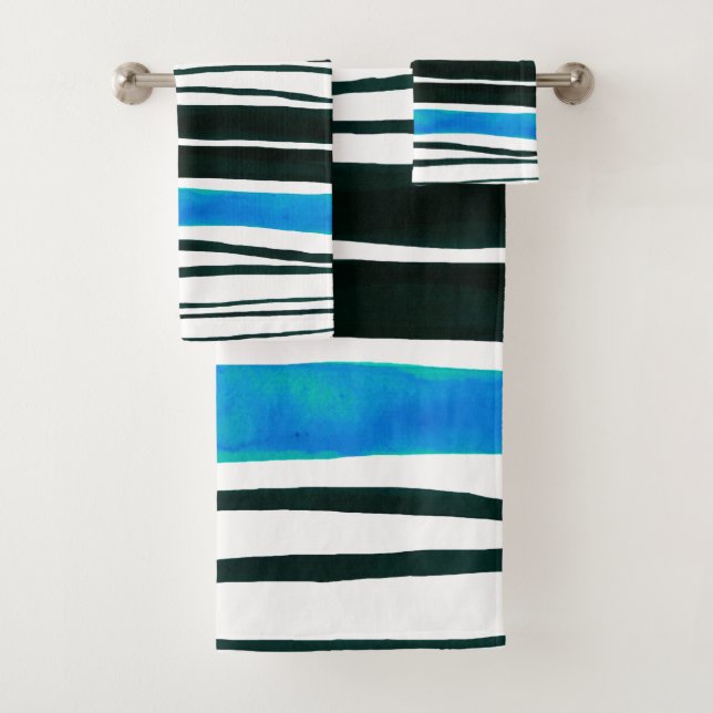 Black, white and mediterranean blue stripes  beach bath towel set (Insitu)