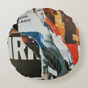 Black white and orange abstract painting round pillow