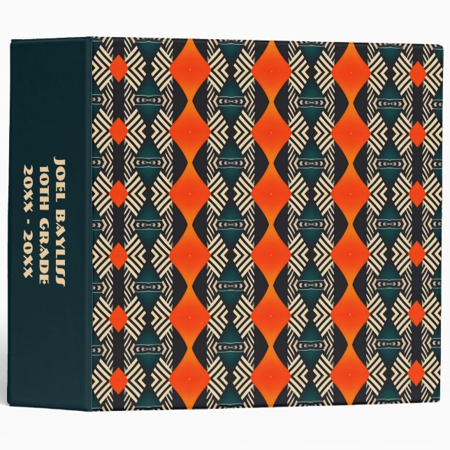 Black White and Orange Ethnic Geometric Pattern Binder (Front/Spine)
