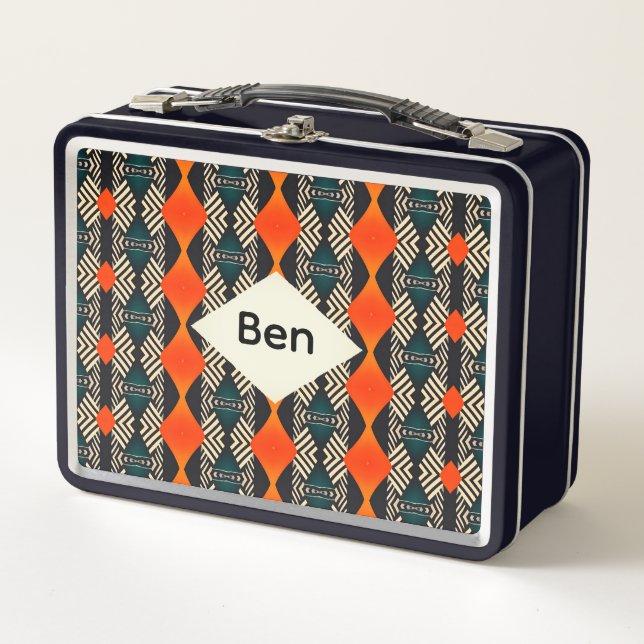 Black White and Orange Ethnic Geometric Pattern Metal Lunch Box (Front)