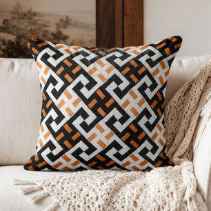 Black White and Orange Geometric Greek Key Throw Pillow