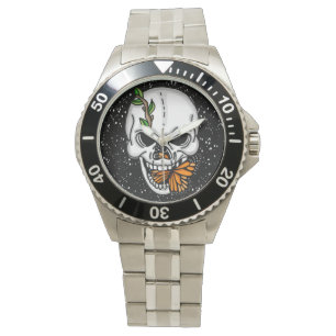 Black white and orange Skull and Monarch Butterfly Watch