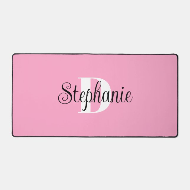 Black White and Pink Cute Modern Monogram Desk Mat (Front)