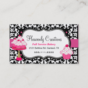 Black, White, and Pink Damask Bakery Business Card