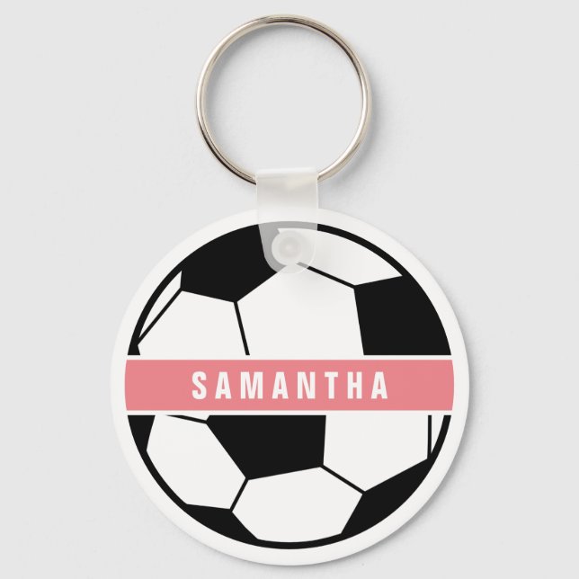Black White and Pink Modern Sporty Soccer Monogram Keychain (Front)