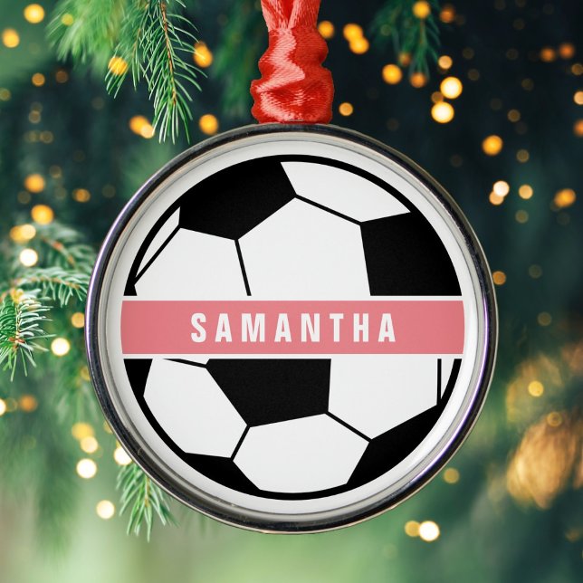 Black White and Pink Modern Sporty Soccer Monogram Metal Ornament (Creator Uploaded)