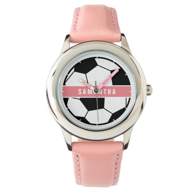 Black White and Pink Modern Sporty Soccer Monogram Watch (Front)