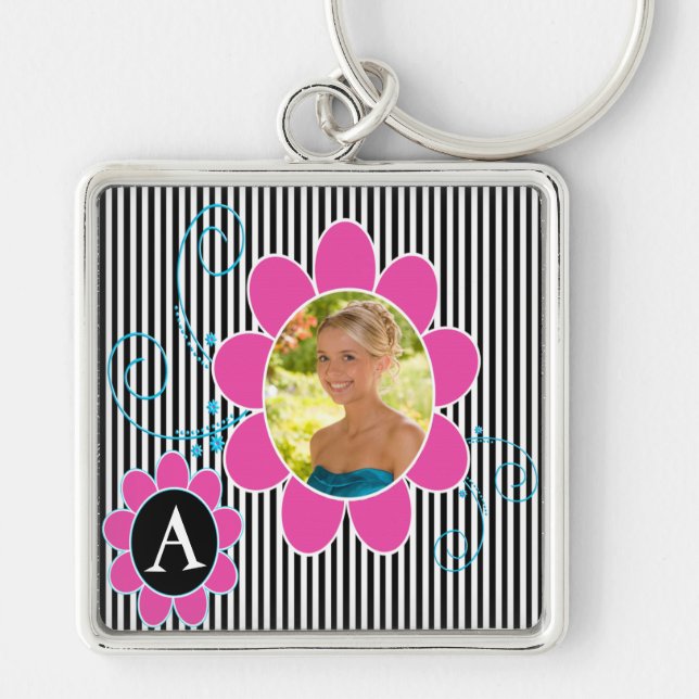 Black, White and Pink Photo Monogram Keychain (Front)