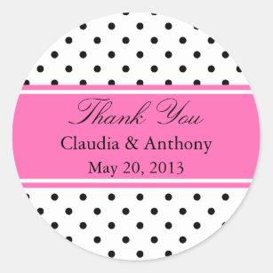 Black, White and Pink Polka Dot Wedding Thank You Classic Round Sticker