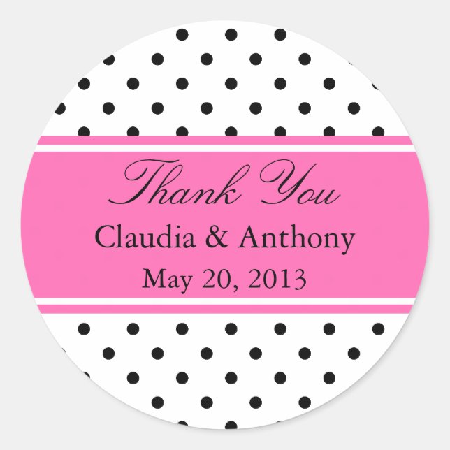 Black, White and Pink Polka Dot Wedding Thank You Classic Round Sticker (Front)
