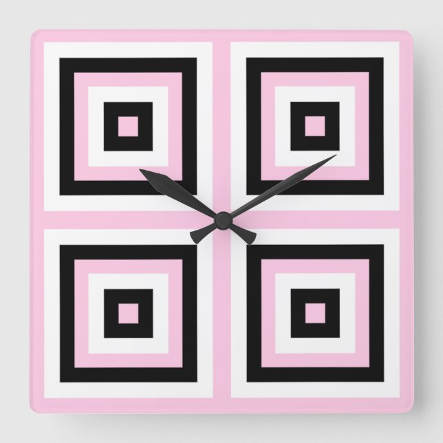 Black, White and Pink Squares Square Wall Clock (Front)