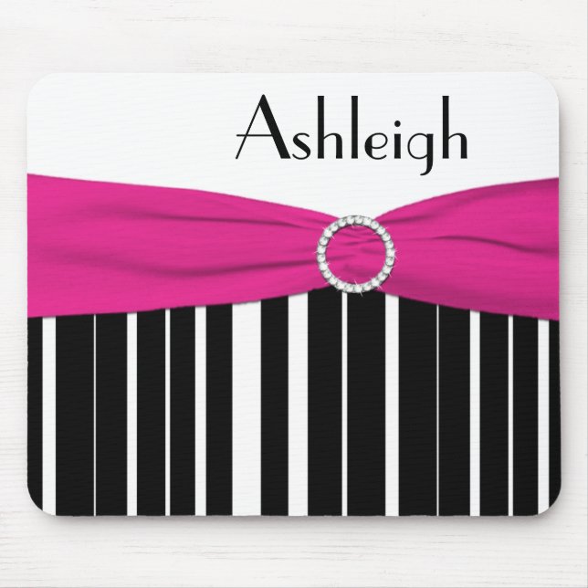Black, White, and Pink Striped Mousepad with Name (Front)