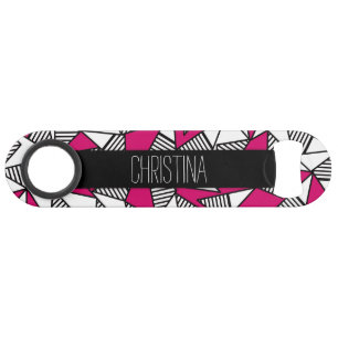 Black White and Pink Striped Triangles Monogram Speed Bottle Opener