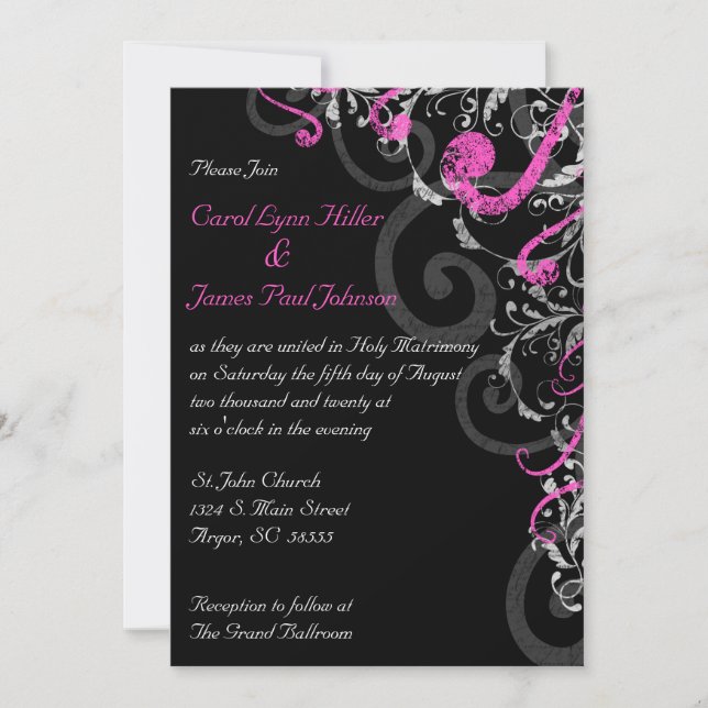 Black, White and Pink Wedding Invitation (Front)