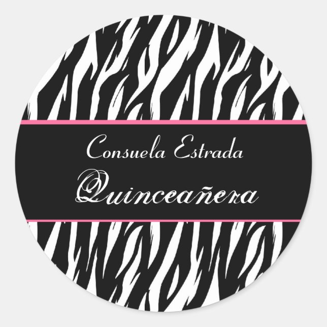 Black White and Pink Zebra Quinceanera Round Classic Round Sticker (Front)