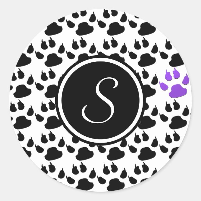 Black, White and Purple Paw Print Classic Round Sticker (Front)