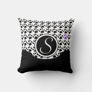 Black, White and Purple Paw Print Throw Pillow