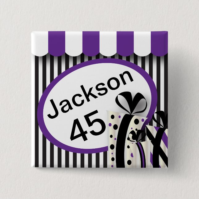 Black, White and Purple Stripes | DIY Text 2 Inch Square Button (Front)