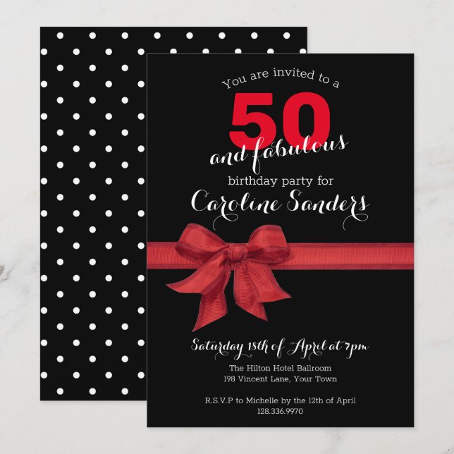 Black White and Red 50 and Fabulous Birthday Party Invitation (Front/Back)
