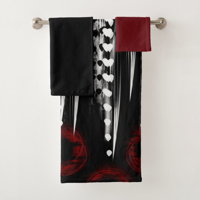 black white and red abstract bath towel set (Insitu)