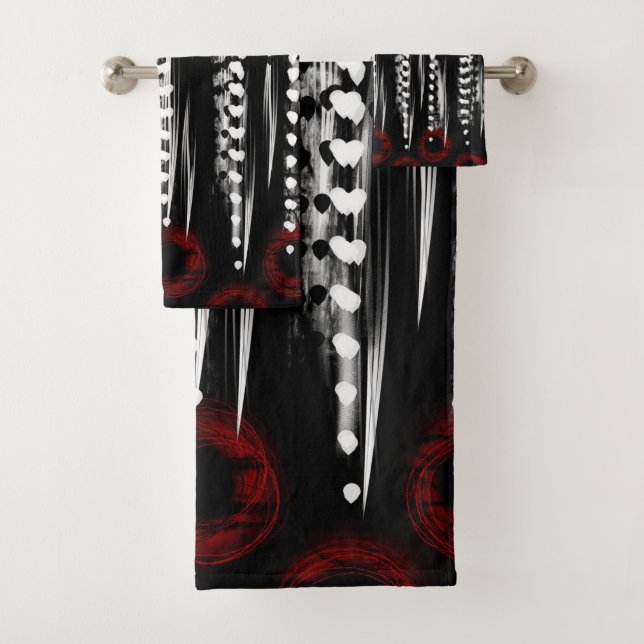 black white and red abstract bath towel set (Insitu)