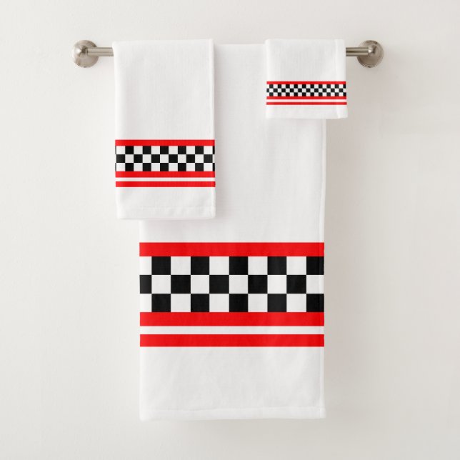 Black White And Red Accented Race Themed  Bath Towel Set (Insitu)