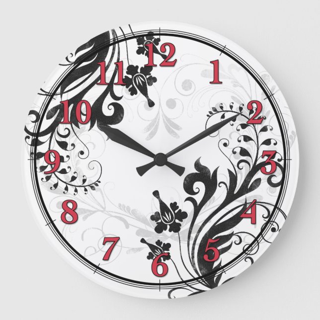 Black, White, and Red Asian Floral Wall Clock (Front)