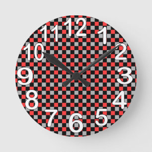 Black white and red chequered round clock