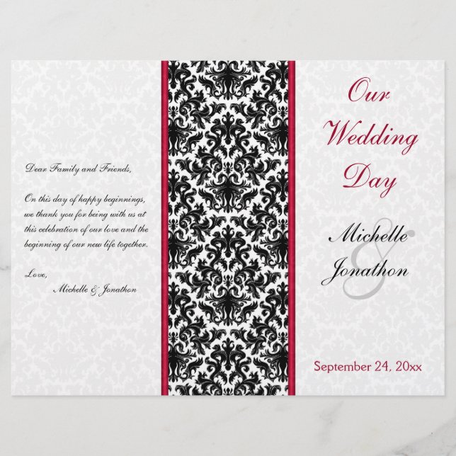 Black, White, and Red Damask Wedding Program (Front)