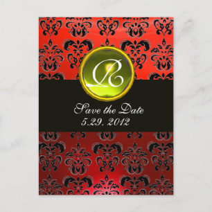 BLACK WHITE AND RED DAMASK YELLOW TOPAZ Monogram Announcement Postcard