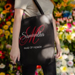 Black White and Red Fancy Monogram Maid of Honour Tote Bag<br><div class="desc">A girly personalized monogram with a fancy calligraphy script pairing in red and white against a solid colour black background. Create your own pretty all over print tote bags as a thank you gifts for your maid of honour and bridesmaids. Customize the font colours to match your wedding palette. The...</div>