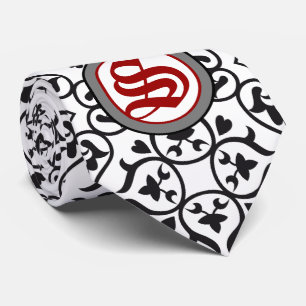 Black White and Red Heart Damask Tie