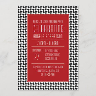 Black White and Red Houndstooth Birthday Invitation